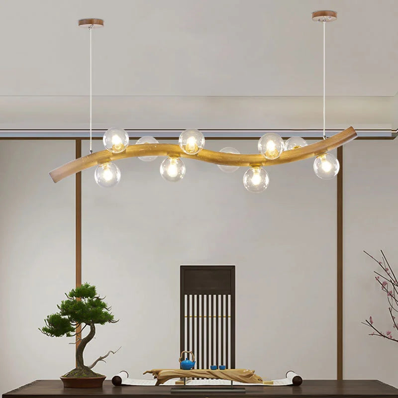 suspension luminaire en bois massif et verre simple - vue 2 sur 11