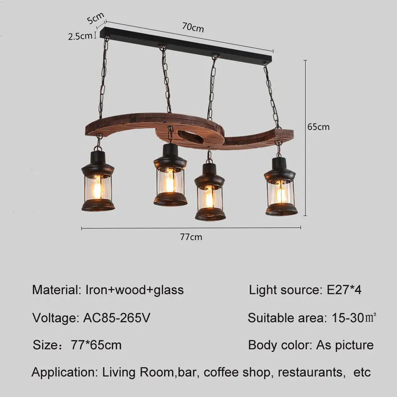 lustre industriel rétro 4 têtes en bois et fer pour café bar loft - vue 3 sur 7