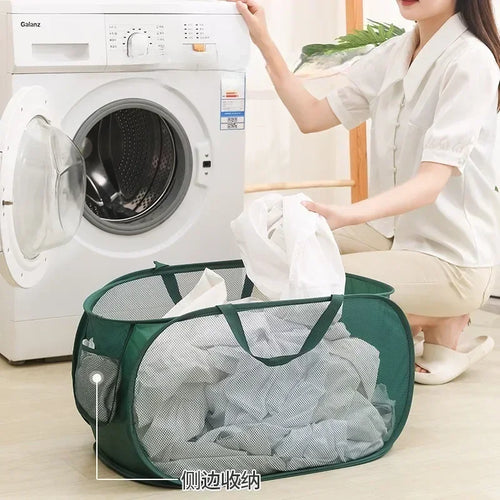 Durable Collapsible Laundry Basket, Mesh Pop Up Laundry Hamper With Side Pocket, Foldable Clothes Storage Hamper With Reinforced - vue 2 sur 9