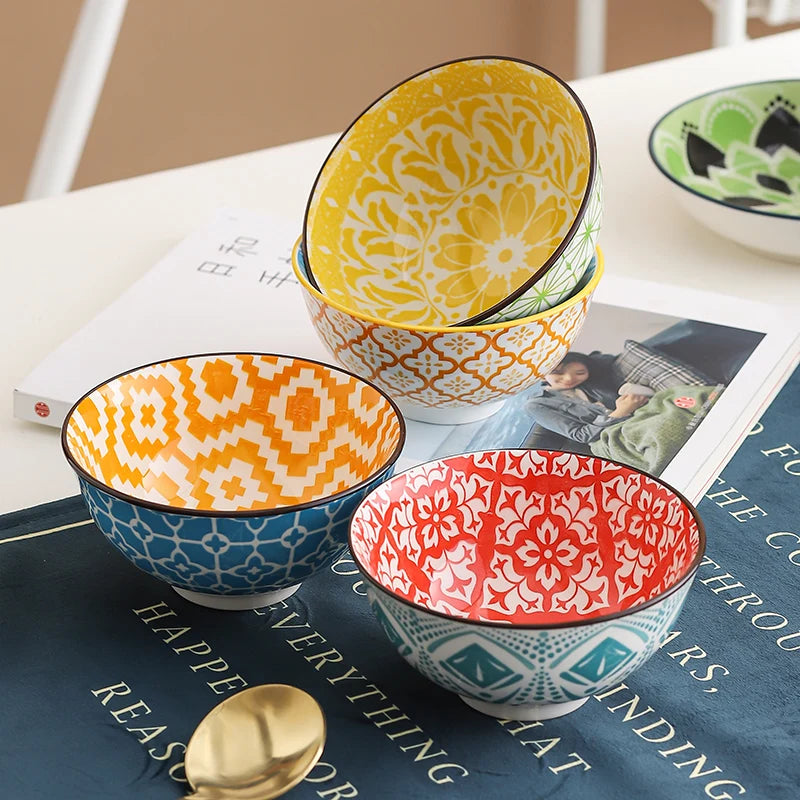 Ensemble 4 bols ceramique style boheme motifs artisanaux
