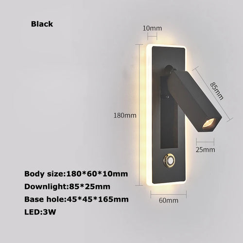 LED Brass Black Wall Lamp Wall Light Wall Sconce Wall Mounted Reading Light with Switch and USB Port, Rotatable For Bedroom - vue 21 sur 23