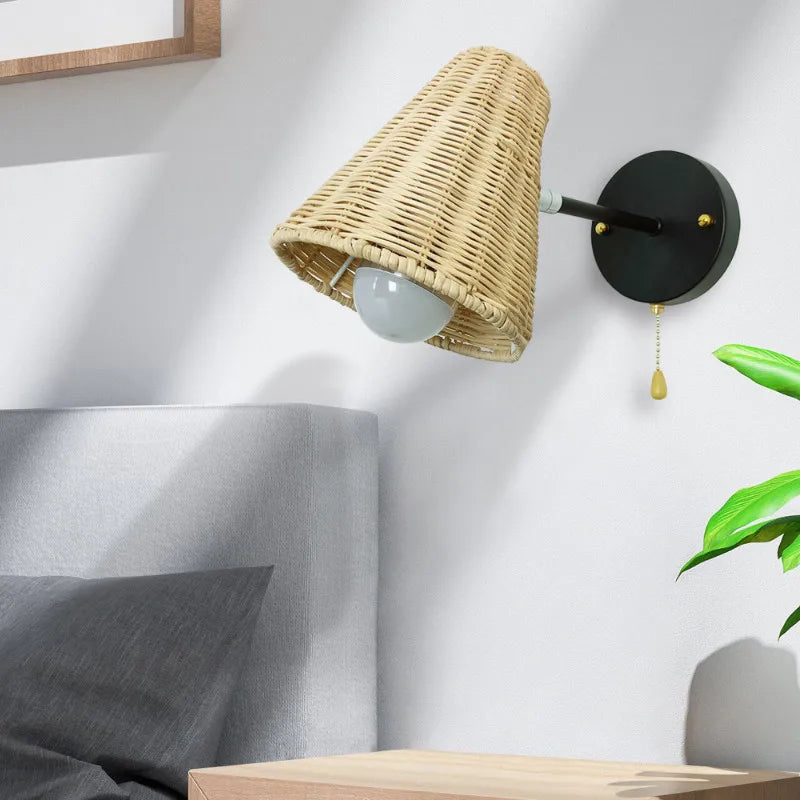 applique murale led vintage en rotin tissée à la main avec interrupteur