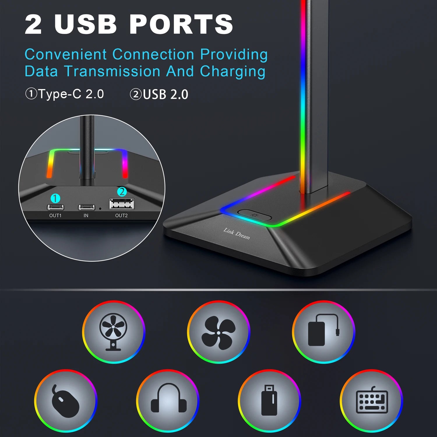link dream support casque jeu rgb usb type-c pc bureau - vue 4 sur 8