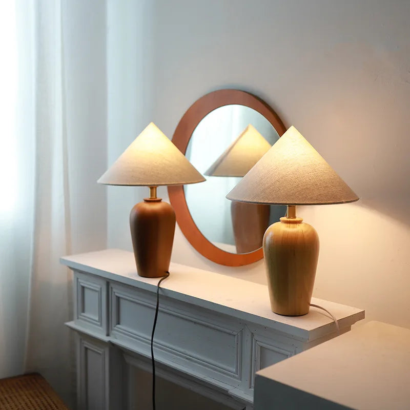 Vintage Table Lamp Desk Light with Wood Stand Fabric Shade - vue 6 sur 8