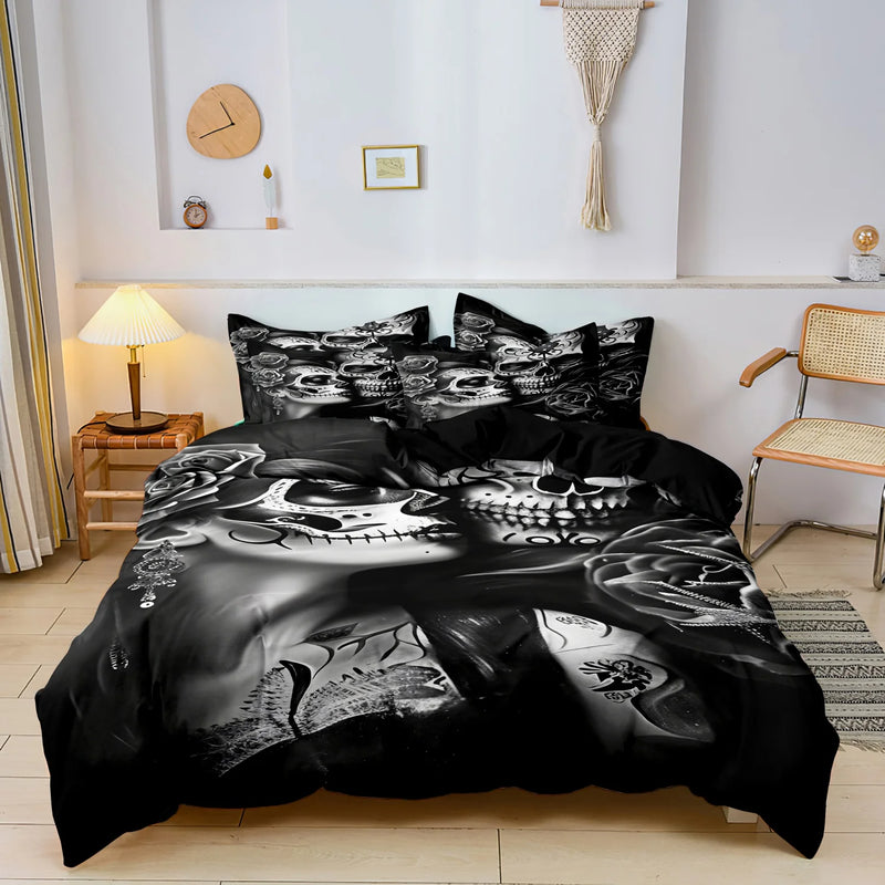 parure de lit florale et crânes de sucre mexicains