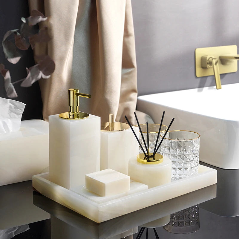 ensemble accessoires de salle de bain en marbre naturel luxe - vue 4 sur 23