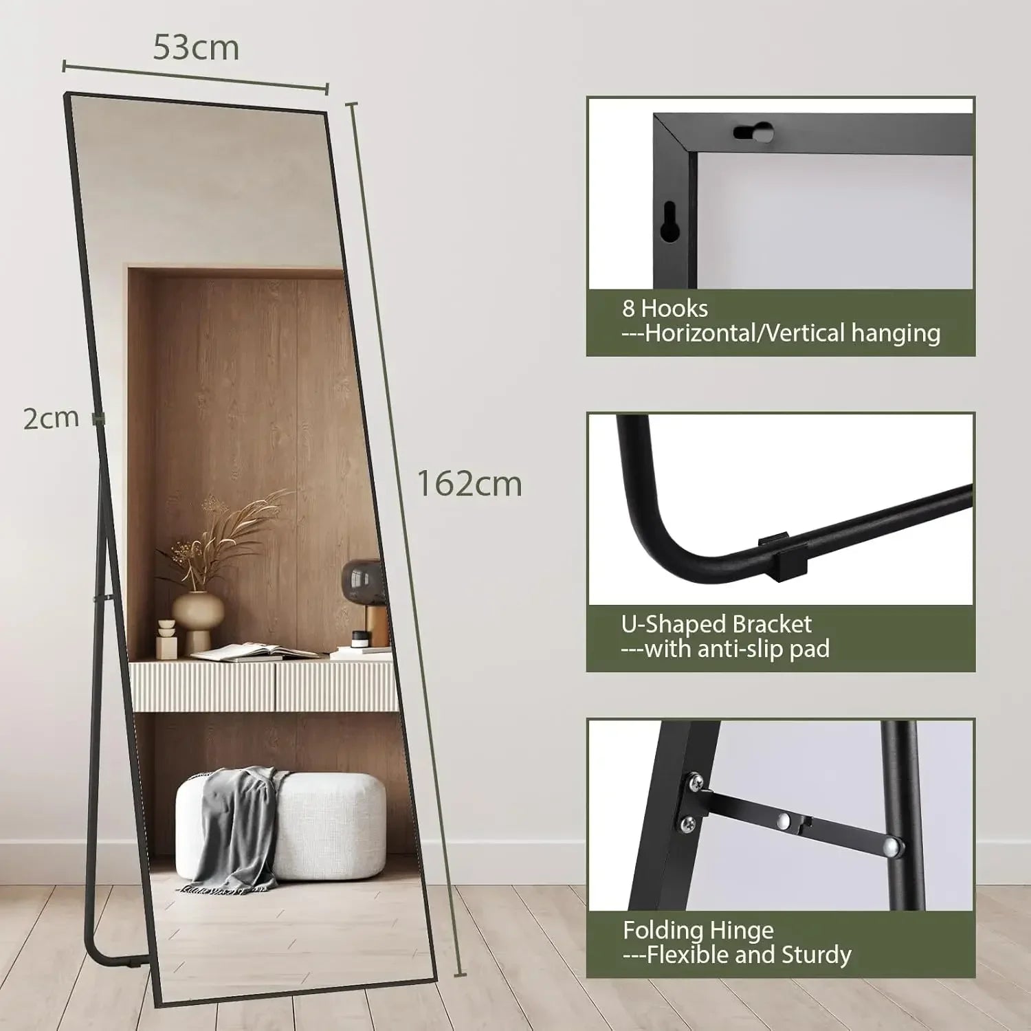 Full Length Mirror 162x53cm Full Body Mirror Rectangle Free Standing Wall Mounted Leaning Hanging Floor Mirrors, Black/Gold - vue 8 sur 12