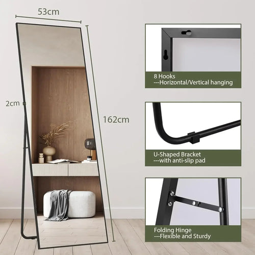 Full Length Mirror 162x53cm Full Body Mirror Rectangle Free Standing Wall Mounted Leaning Hanging Floor Mirrors, Black/Gold - vue 9 sur 12