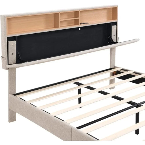 Bed frame bedroom furniture: headboard with storage and USB ports, full, grey modern upholstered platform bed - vue 4 sur 8