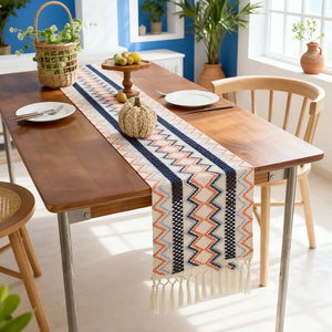 Bohemian aztec pattern woven table runner with tassels