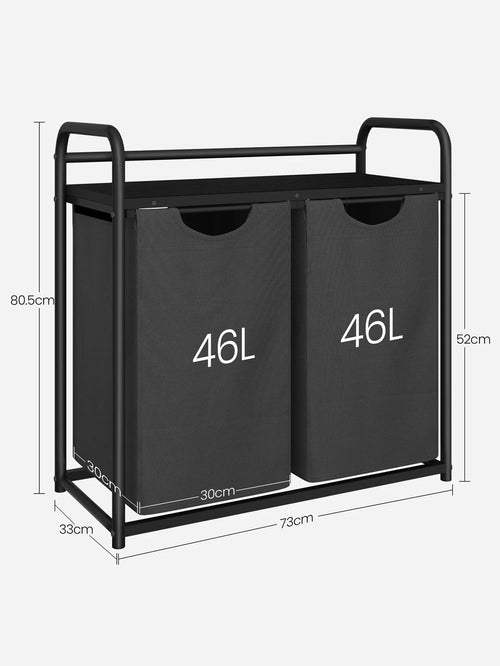Laundry Basket, 2 Compartments, 2 x 46L, Laundry Hamper with 1 Shelf, Laundry Sorter, Laundry Bag, Extendable and Removable, Per - vue 7 sur 9