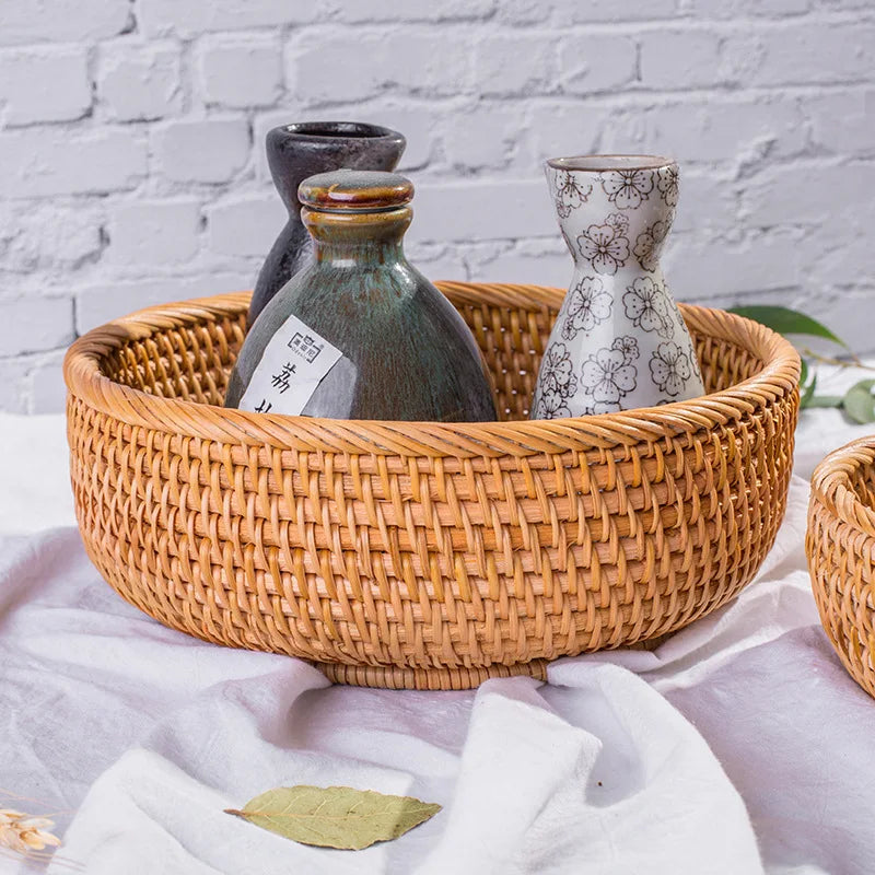 HEMU-Round Rattan Woven Basket, Wicker Fruit Basket, Bread Food, Kitchen Home Decor Organizer - vue 3 sur 12