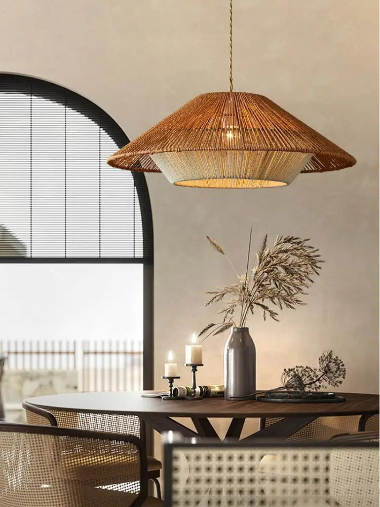 lustre LED vintage en corde et rotin tissé pour décoration intérieure