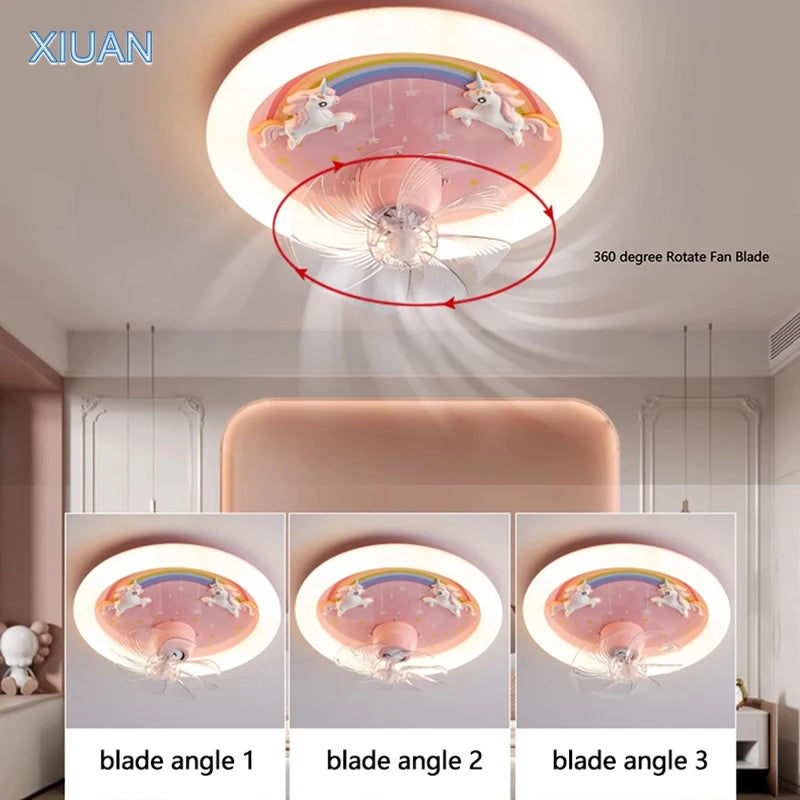 Creative LED Ceiling Light with Fan Pink Princess Children's Room Bedroom Ceiling Fan Resin Unicorn Rainbow Remote Control 220V - vue 5 sur 7