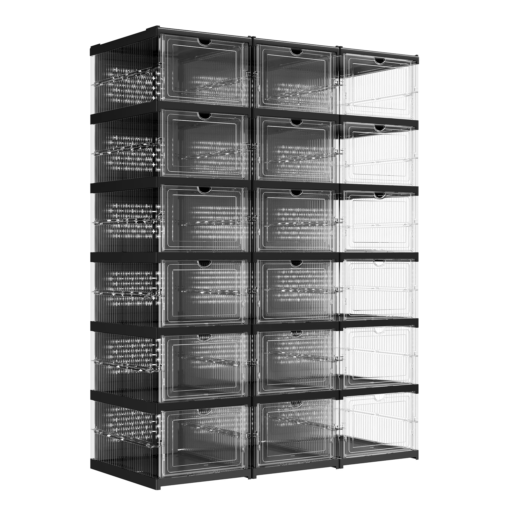 SONGMICS Shoe Boxes, Pack of 18 Stackable Shoe Storage Organizer, Set of 3 Integrated Shoe Cabinets, Foldable and Portable