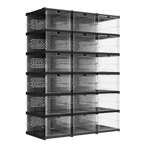 SONGMICS Shoe Boxes, Pack of 18 Stackable Shoe Storage Organizer, Set of 3 Integrated Shoe Cabinets, Foldable and Portable