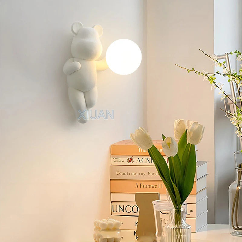 Chrome White Pink Bear Lights Art Design Bedroom Bedside Wall Lamps Resin Animal Glass Sconces Living Room Decorative Wall Light - vue 4 sur 18