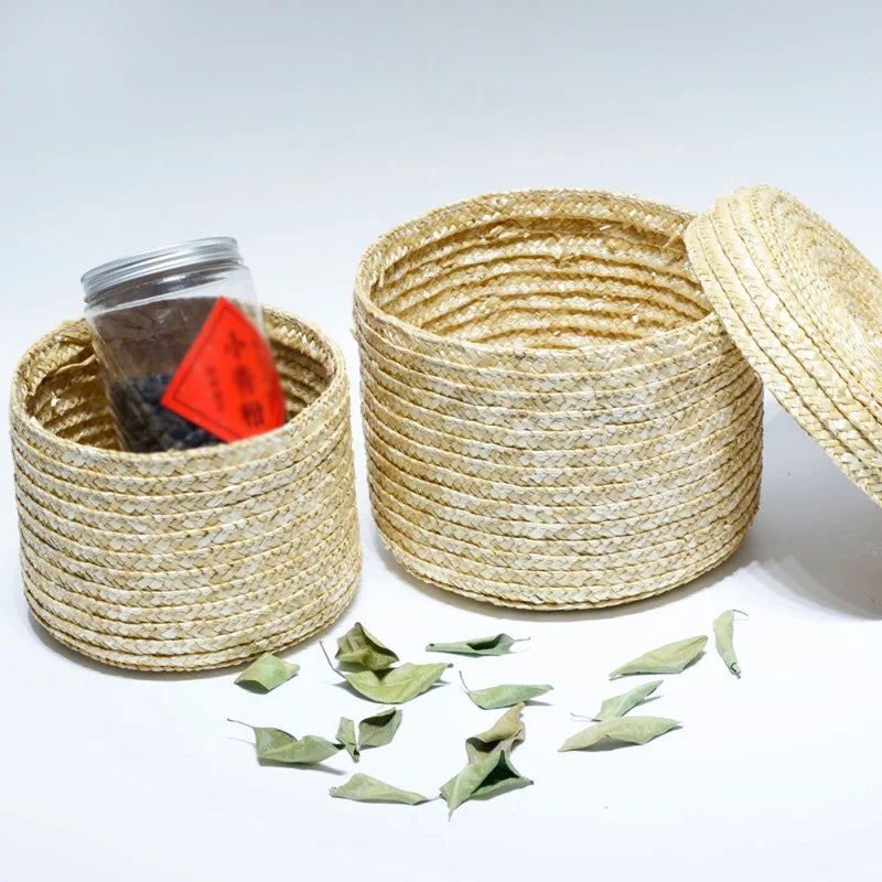 panier de rangement rond en paille tissée avec couvercle polyvalent - vue 5 sur 10