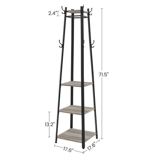 VASAGLE Coat Rack, Cloakroom, Clothes Rack with 3 Tier Shelf, Hooks and Rails, Steel Frame, Industrial Style - vue 3 sur 8