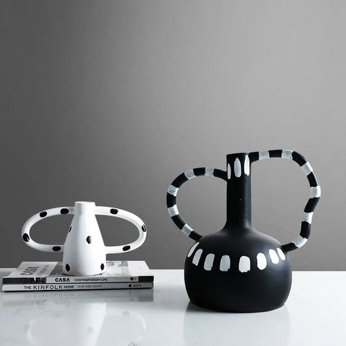Black And White Polka Dot Double Ear Vase Decoration, Cave Style Homestay Sample Board Room Minimalist Flower Set - vue 2 sur 8