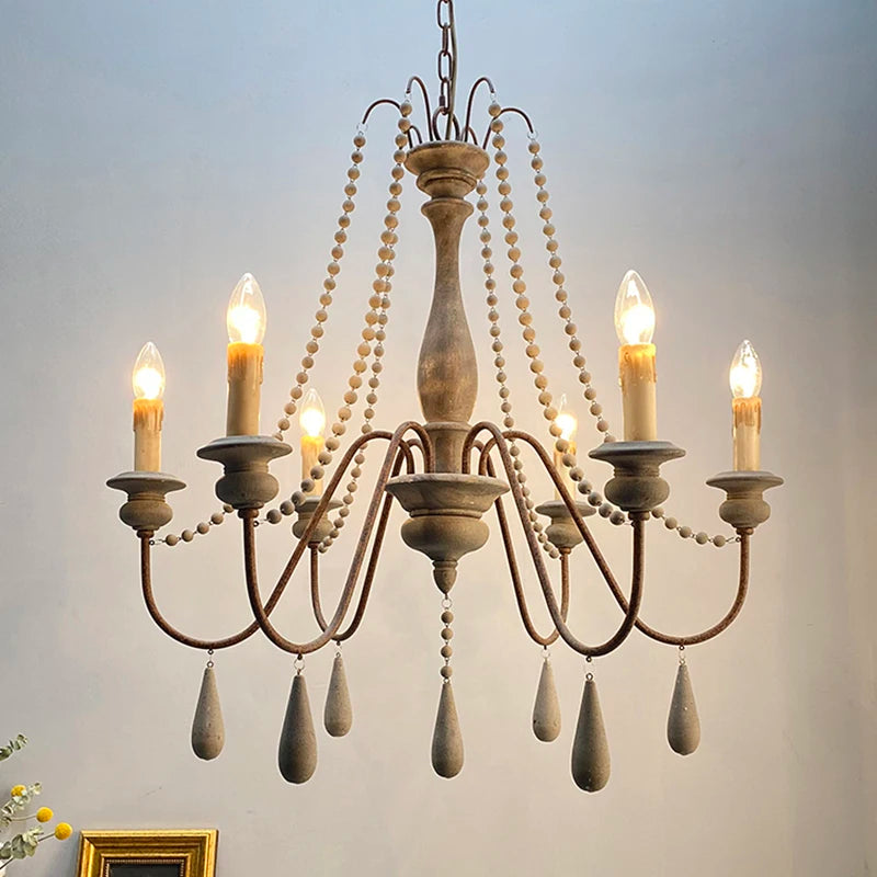 lustre vintage rustique en bois avec perles pour éclairage intérieur