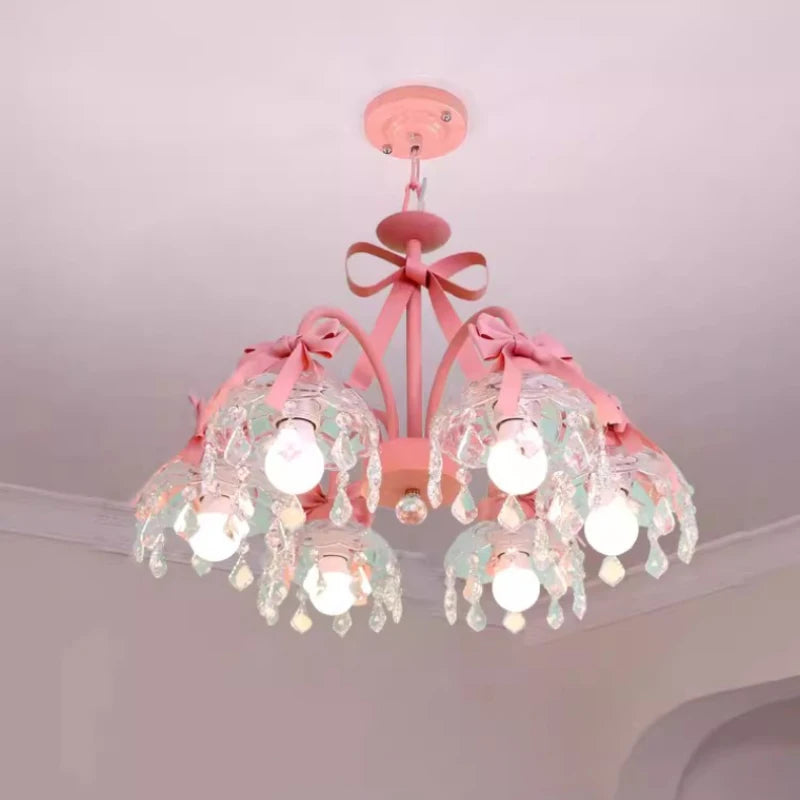 lustre mignon pour chambre de petite fille avec nœud rose en cristal - vue 2 sur 9