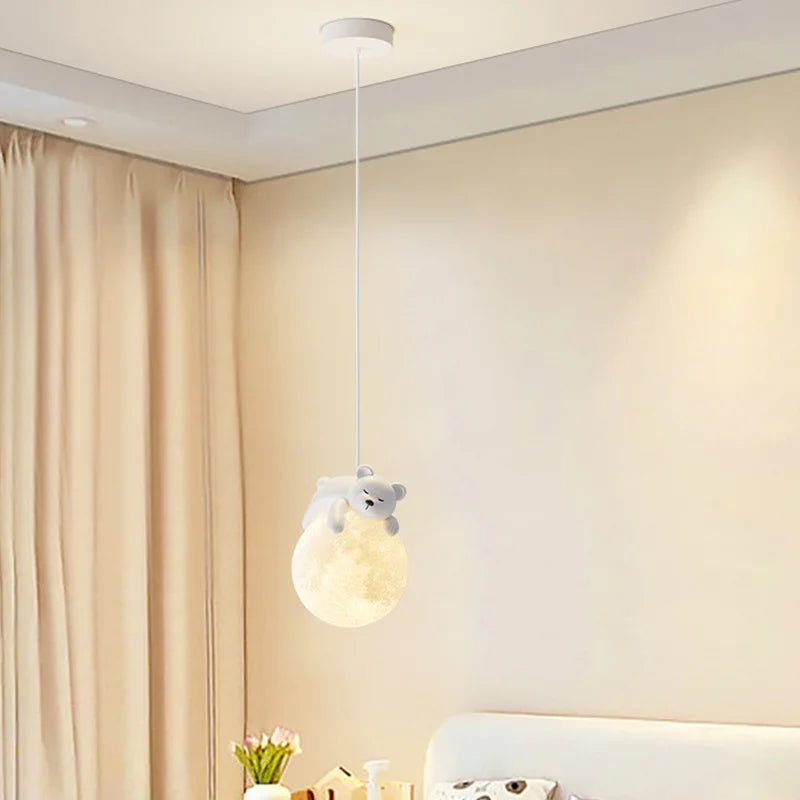 Modern children's bedroom minimalist little bear LED pendant light - vue 6 sur 10