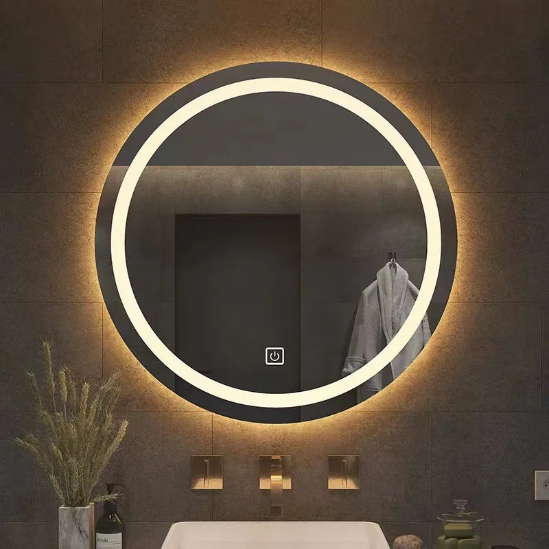 31-inch Round Smart Makeup Mirror, Homestand Oval with Light Backlight Tri-color Touch Fog Removal Wall Hanging Bathroom Mirror - vue 5 sur 7