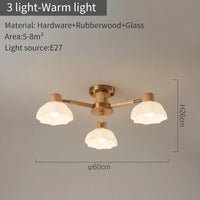 Nordic rubber wood ceiling lights with glass lampshades for modern living room, warm white or cool light, bedroom chandelier