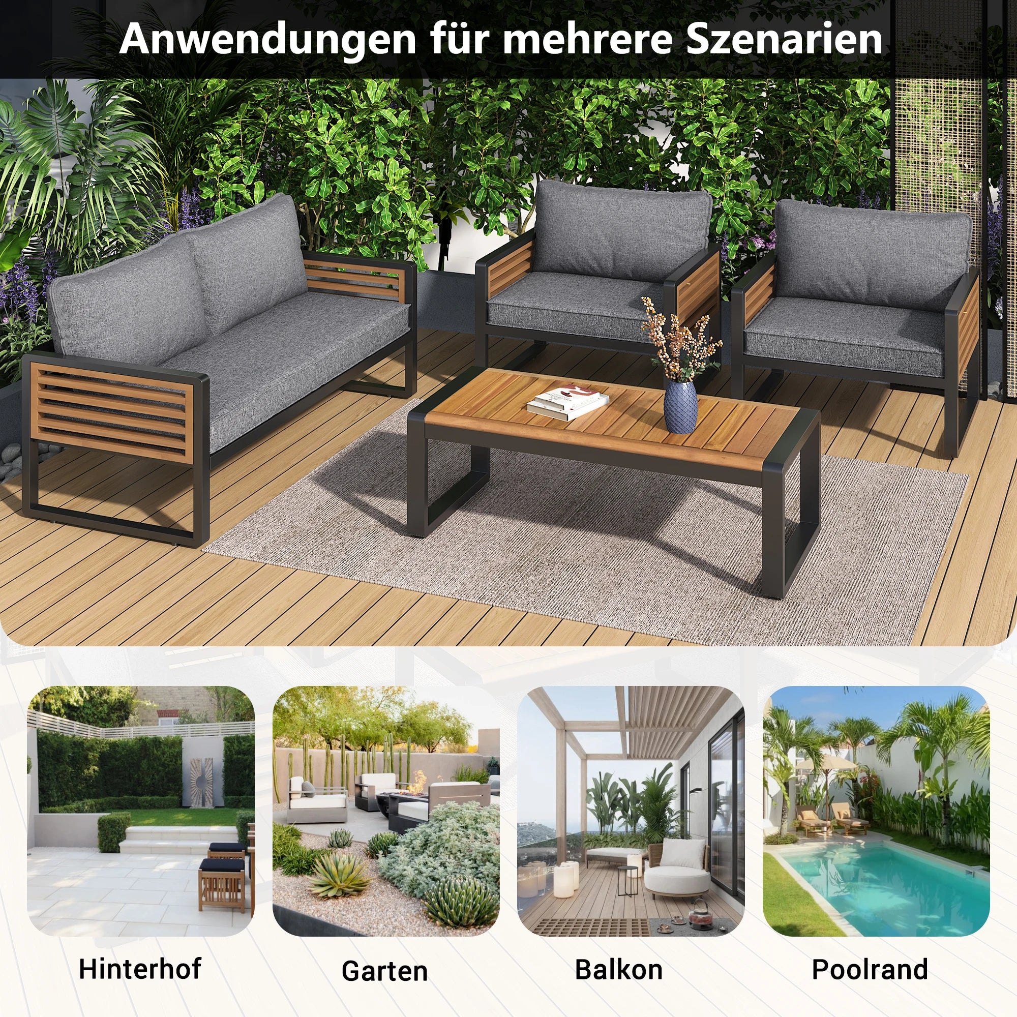 salon de jardin 4 pièces en fer galvanisé avec accoudoirs en bois - vue 8 sur 7