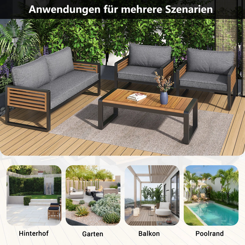 salon de jardin 4 pièces en fer galvanisé avec accoudoirs en bois