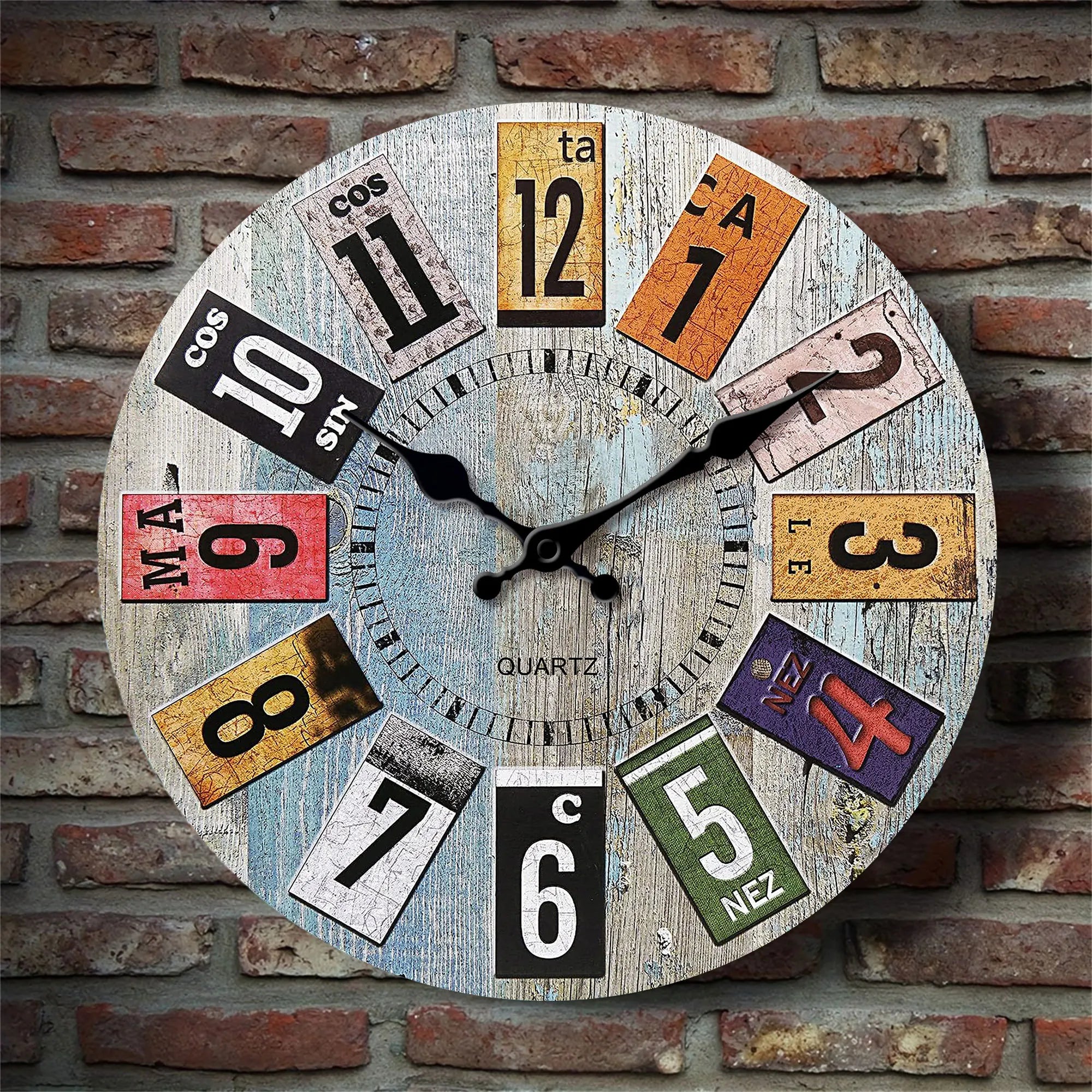 Nordic vintage style wooden wall clock, light blue wood texture with colorful Arabic numerals design wall clock, silent clock, f