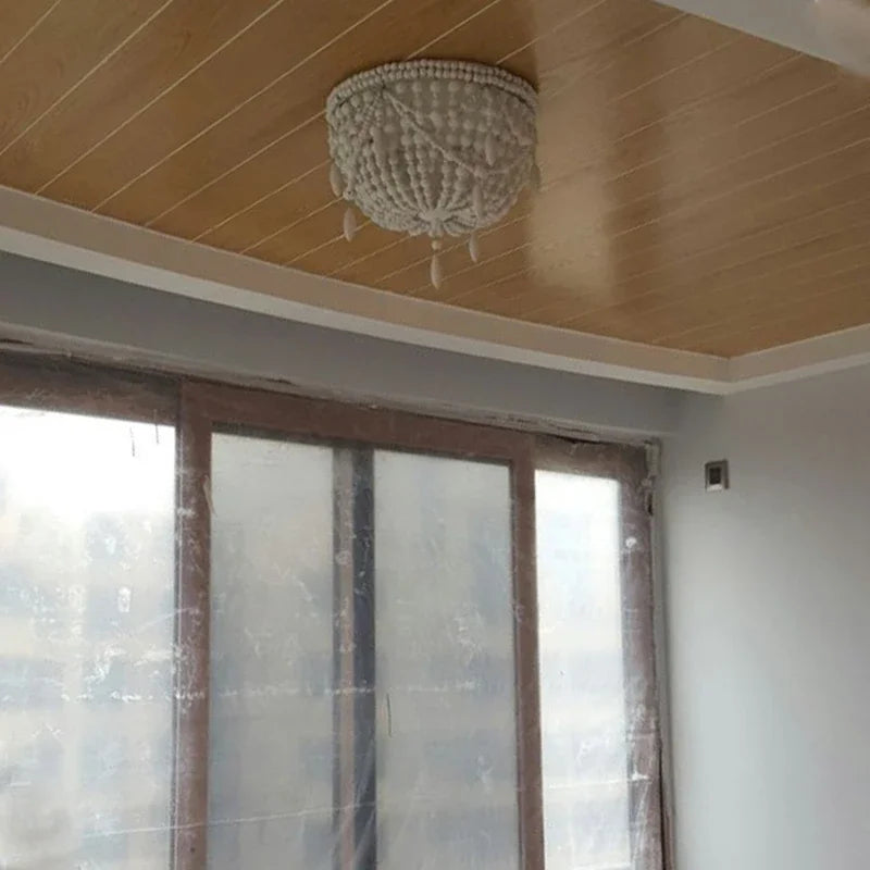 French Style Retro Pendant Lights For Living Room  Bedroom Children'S Room Princess White Wood Bead Decorative Indoor Lighting - vue 7 sur 9