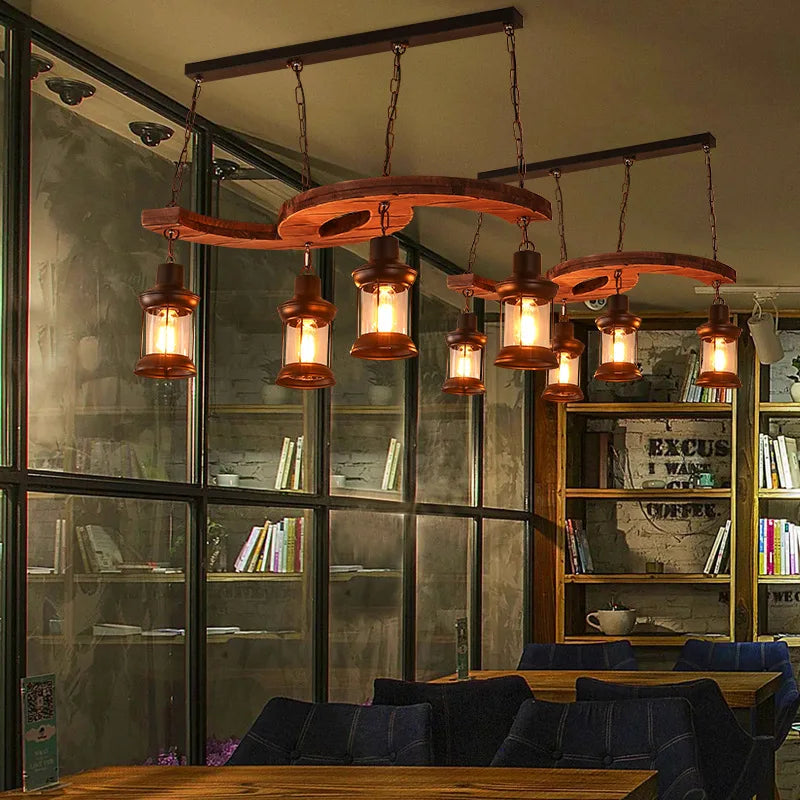 lustre industriel rétro 4 têtes en bois et fer pour café bar loft - vue 4 sur 7