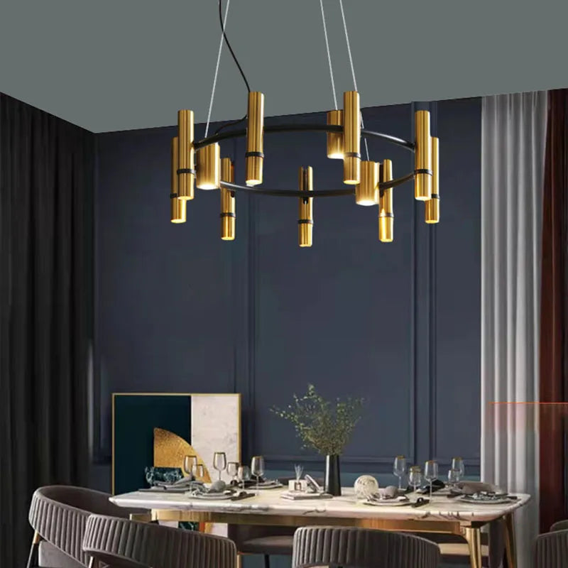 lustre en métal doré avec anneau noir réglable pour divers espaces - vue 2 sur 7