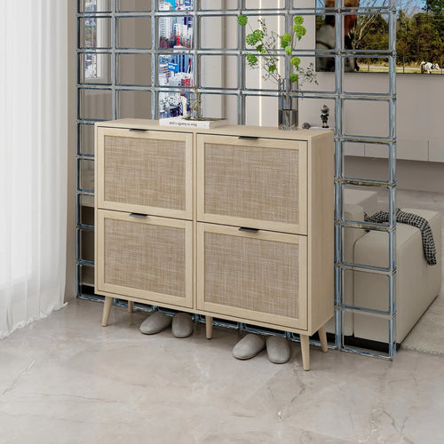 Shoe Cabinet Retro Country House Style, with 4 Rattan Flaps, Wooden Shoe Rack, Shoe Storage Chest for 20-36 Pairs of Shoes - vue 4 sur 10