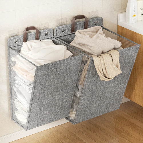 1pc Foldable Adhesive Laundry Basket Hamper, Multifunctional Punch Free Wall Hanging Washing Clothes Mesh Hook Organizer - vue 2 sur 7