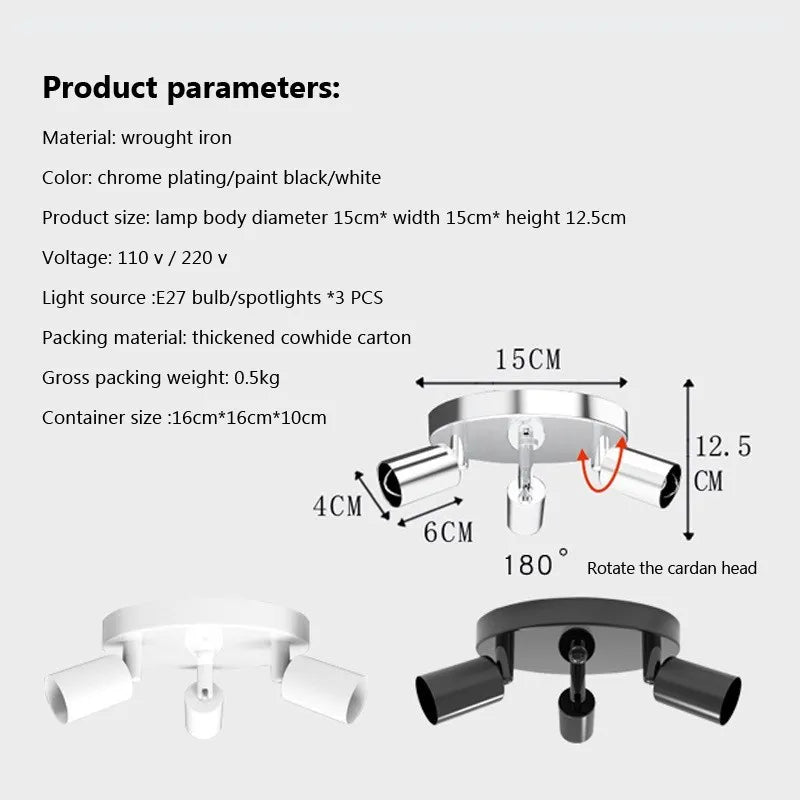 Plafonniers LED nordiques 3 têtes Chrome rotatif allée éclairage projecteurs pour balcon entrée couloir décor Luminaires Lustre - vue 5 sur 9