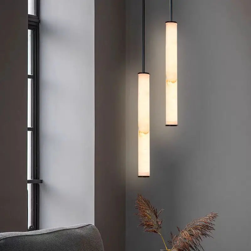 lustre cylindrique en marbre naturel avec cordon réglable - vue 3 sur 9