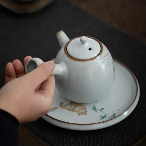 Theiere ceramique ru kiln motif chat poignee laterale