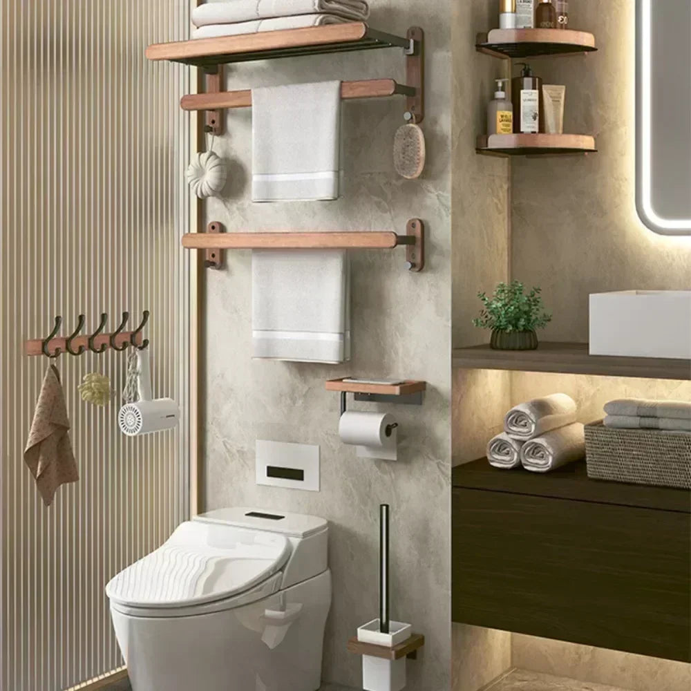porte-serviettes en bois et aluminium organisateur mural pour accessoires de douche - vue 5 sur 16