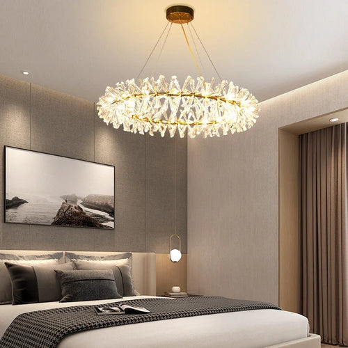 lustre led cristal clair rond avec fil métallique doré réglable - vue 5 sur 12