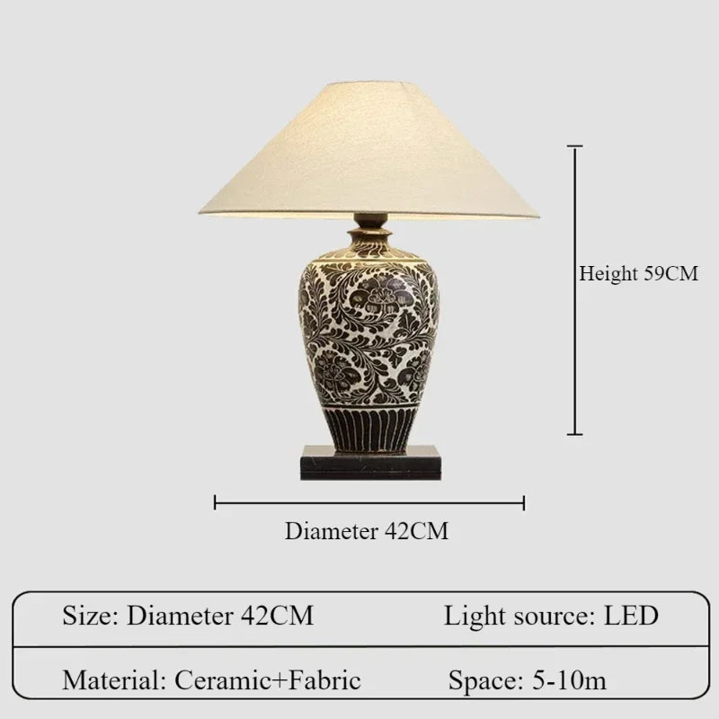 lampe de bureau rétro chinoise en céramique avec abat-jour en tissu - vue 7 sur 9