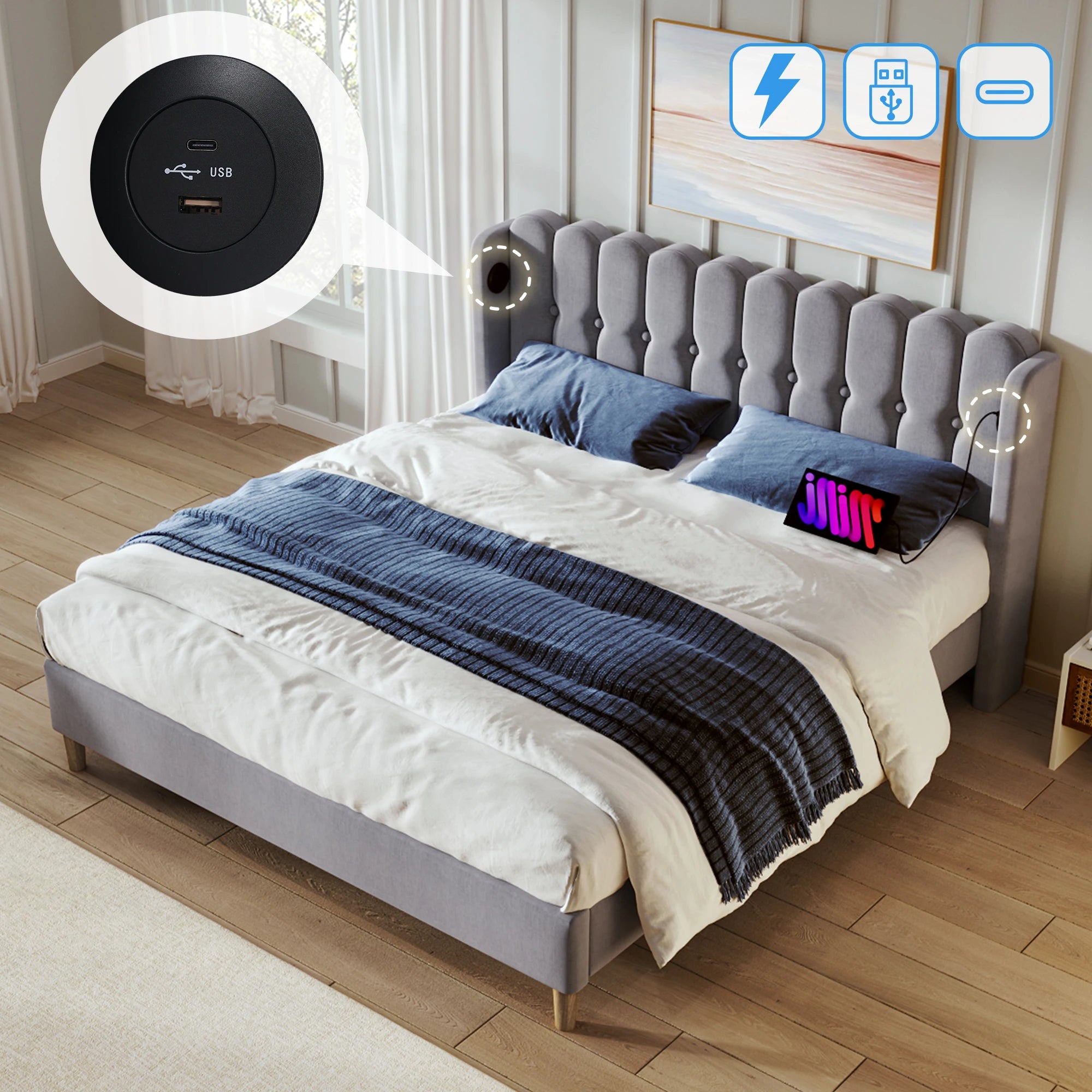 Cushion Bed Double with USB Type C Charging, Slatted Frame, Upholstered, Gray, 140x200 cm, Youth/Guest Room, Linen