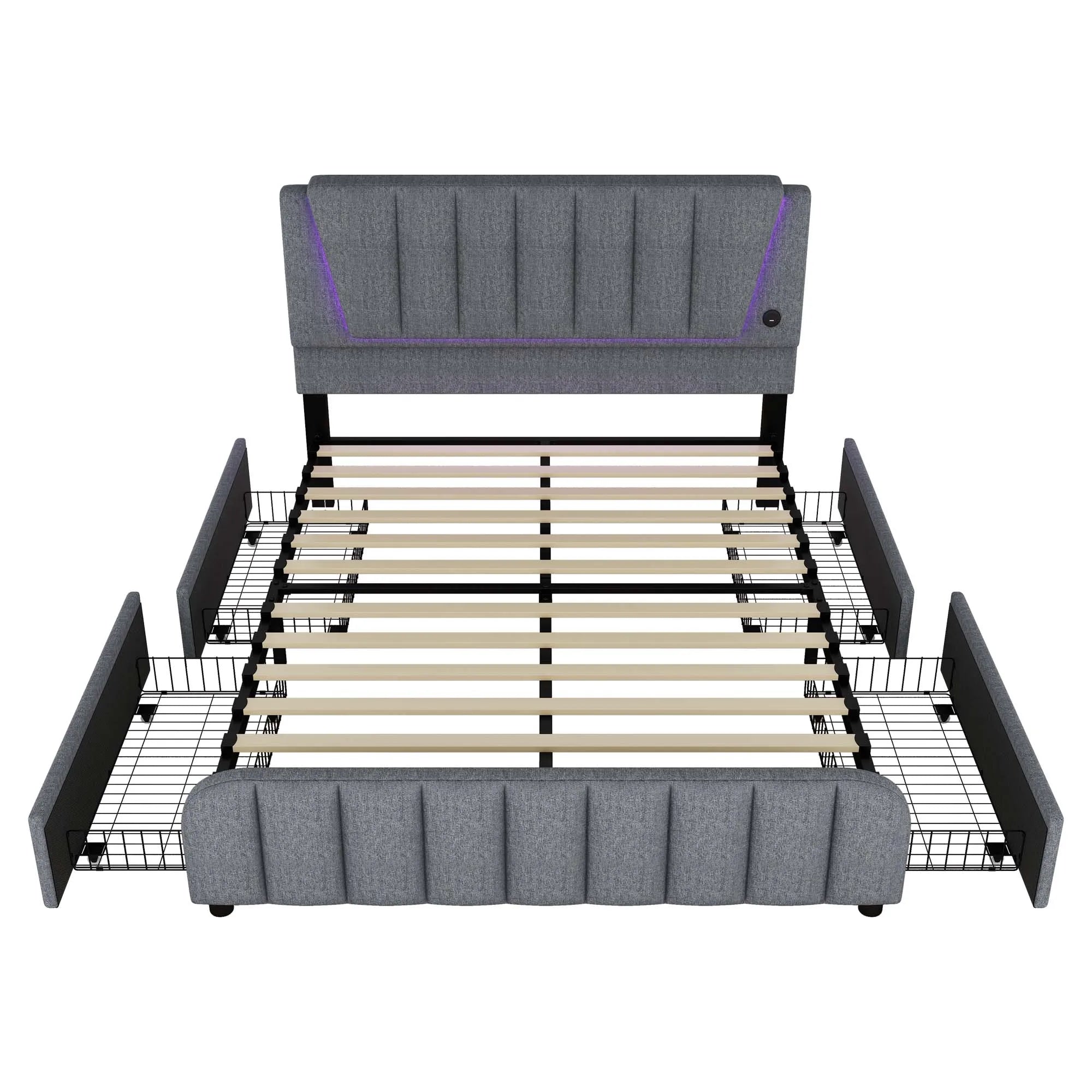 160x200cm, bed with slatted frame (without mattress), bed with four drawers, Adjustable headboard, Linen, Minimalist, Grey - vue 5 sur 6