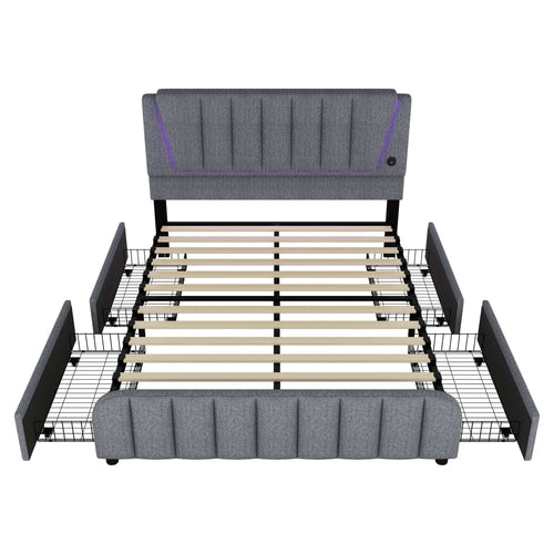 160x200cm, bed with slatted frame (without mattress), bed with four drawers, Adjustable headboard, Linen, Minimalist, Grey - vue 6 sur 6
