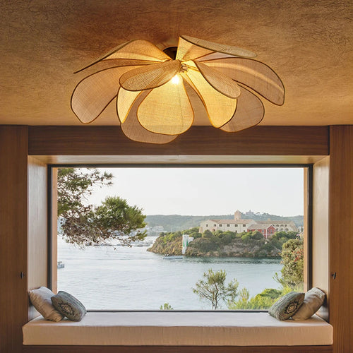 Suspension style Japonais en rotin clair pétale Led cannage - vue 5 sur 12