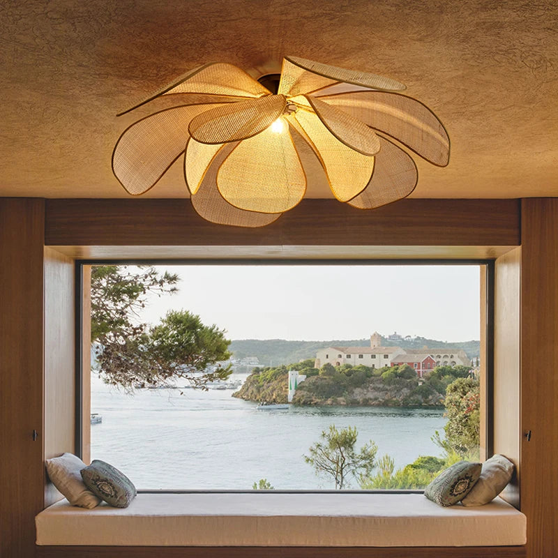 Suspension style Japonais en rotin clair pétale Led cannage - vue 5 sur 12