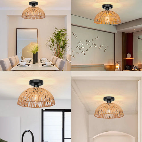 Vintage industrial rattan and hemp rope ceiling light - vue 4 sur 7