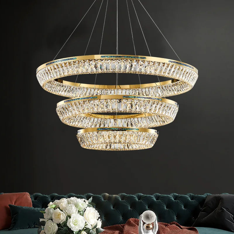 lustre moderne en cristal et cuivre trois couches éclairage intérieur - vue 3 sur 14